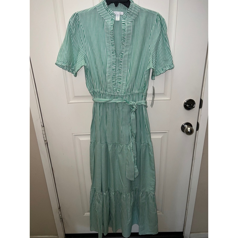 NWT London Times Green White Stripe Ruffle V-Neck Tiered Maxi Dress Sz 6